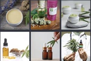 A collage of CBD images of CBD creams and oils in dropper vials.